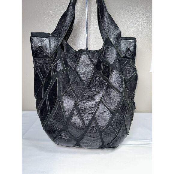 Dautore Black Suede W Diamond Shaped Leather Patches Soft Slouchy Large Tote Bag - Picture 1 of 10